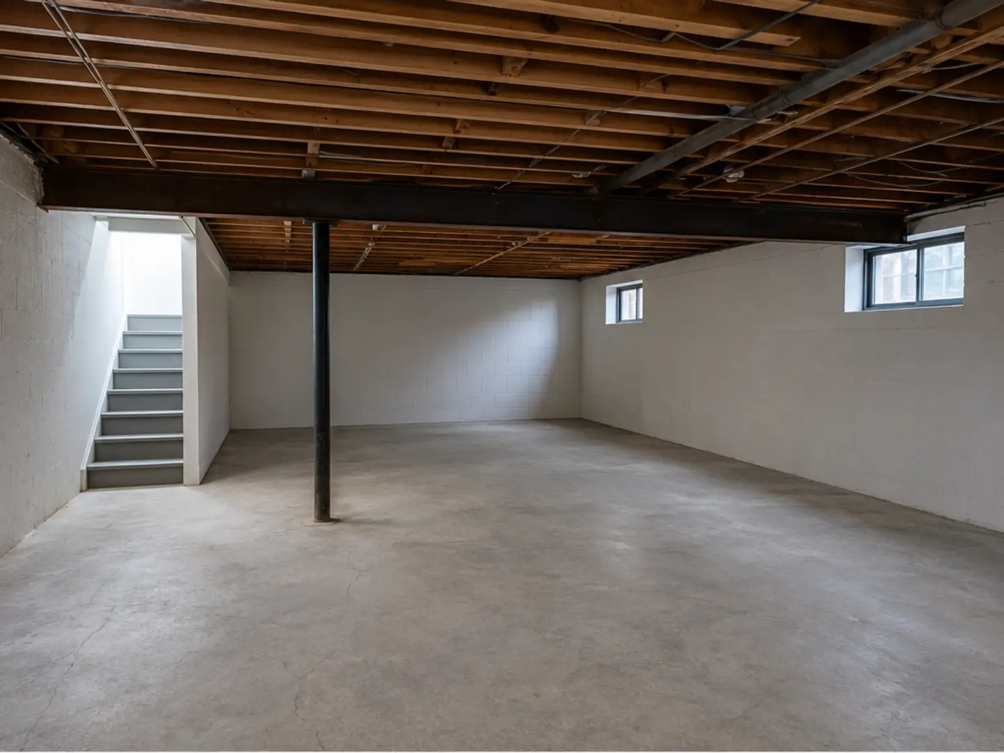 Demonstration unfinished basement before renovation