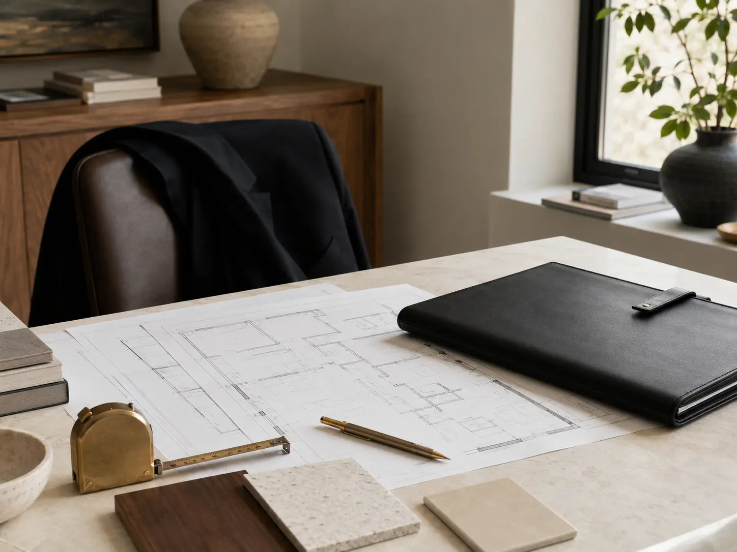 Person-neutral founder photo placeholder with plans and material samples; this is not Mario