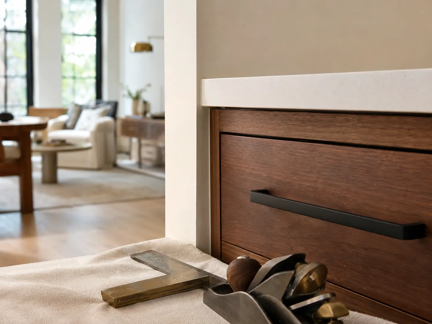 Representative close view of finished walnut cabinetry and precise joinery