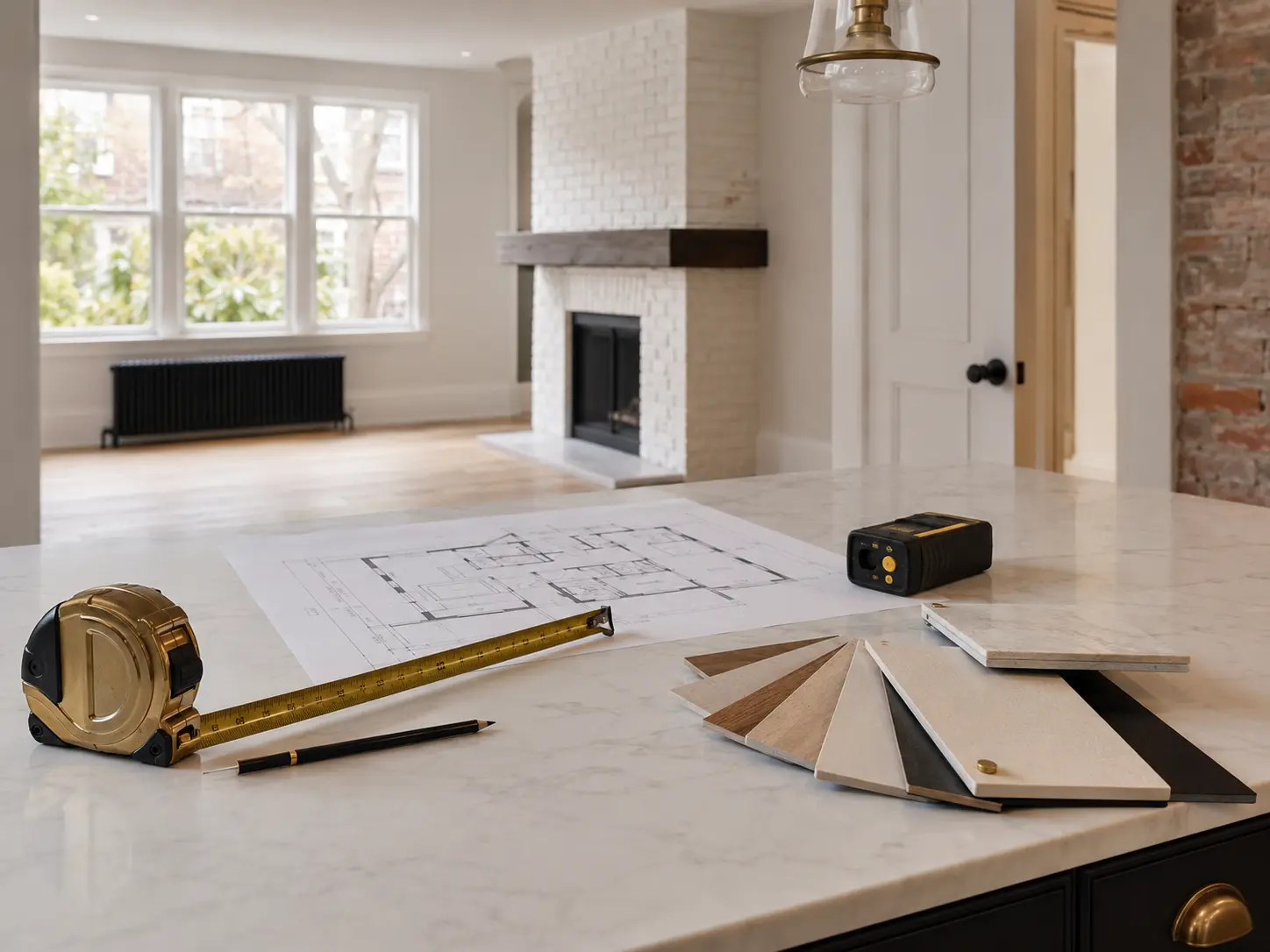 Representative consultation workspace with plans, measuring tools and material samples