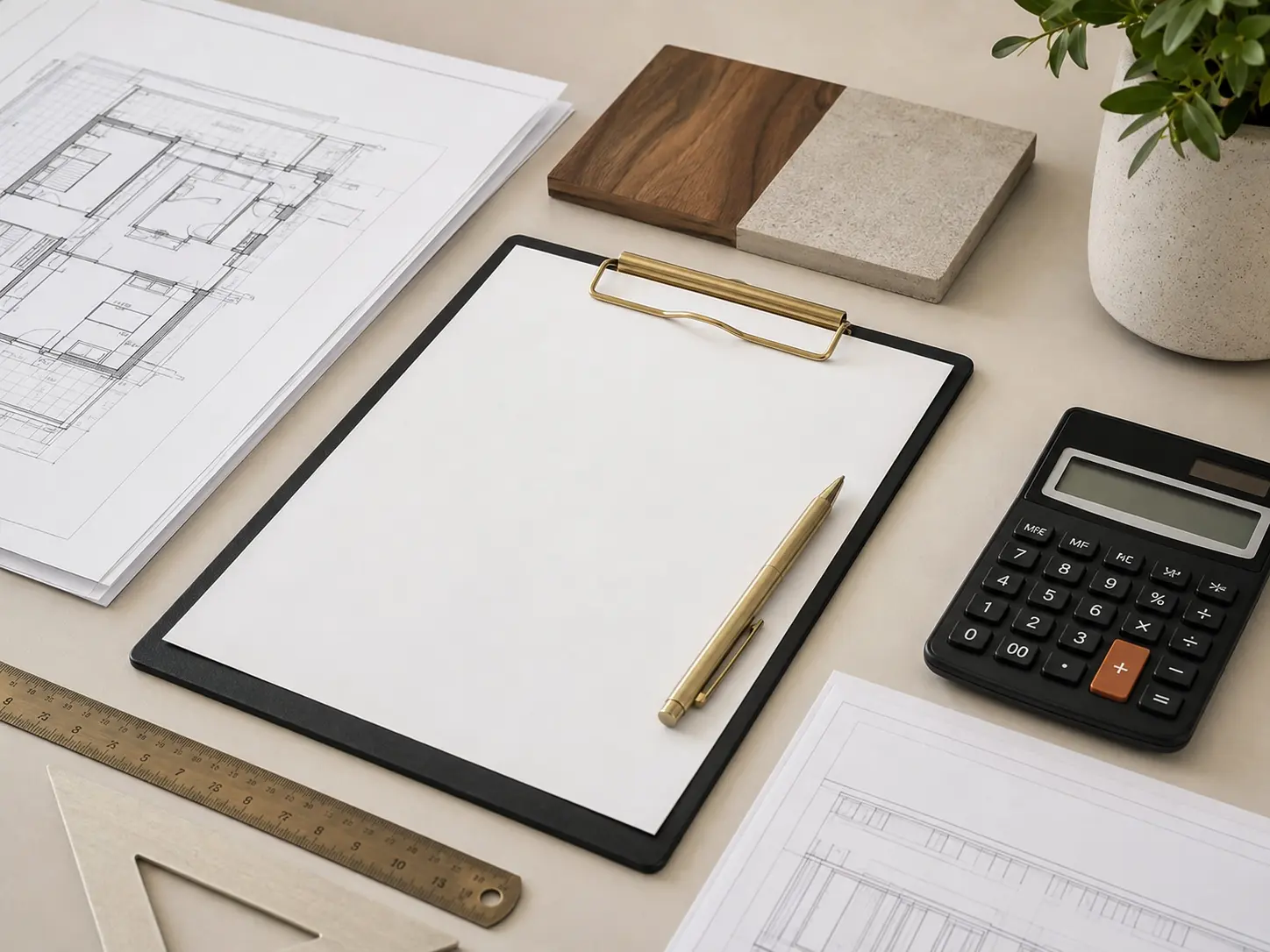 Representative estimating workspace with plans, calculator and material samples