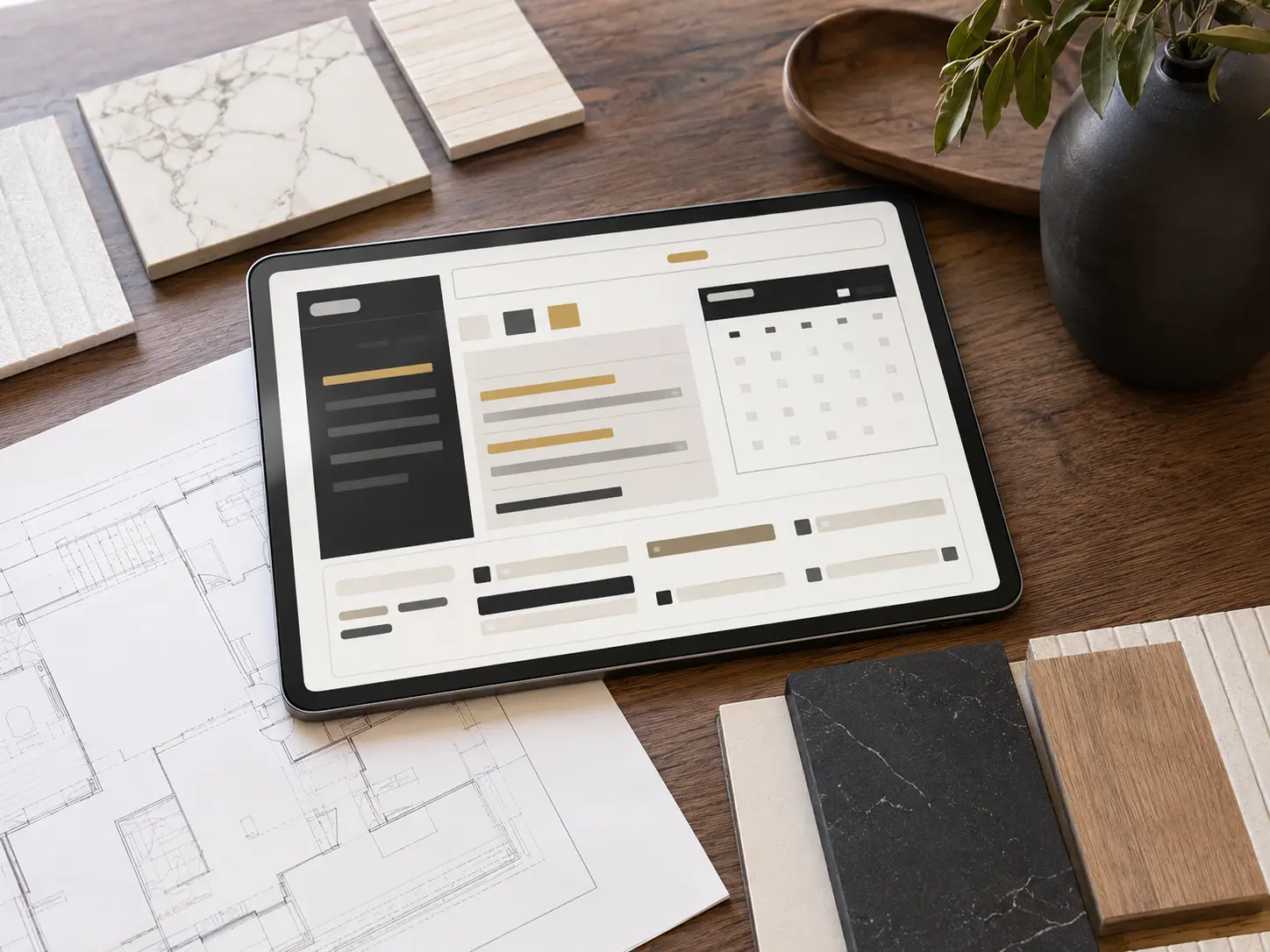 Representative unlabeled project dashboard on a tablet beside renovation plans