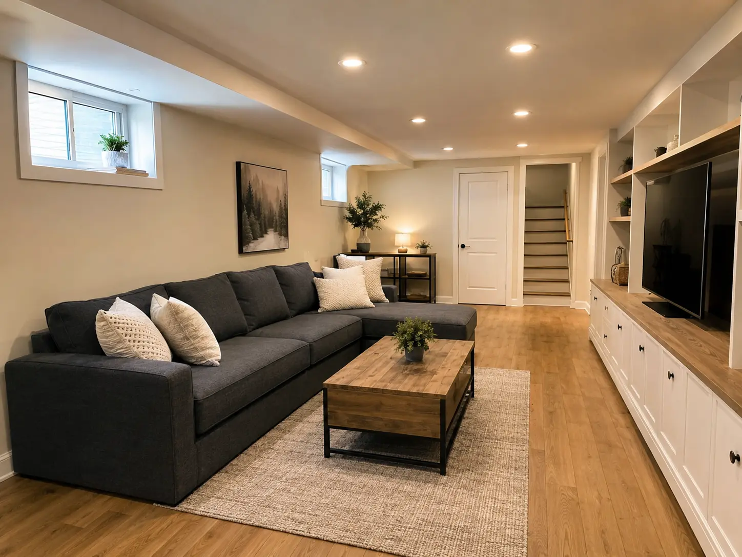 Representative finished basement family room