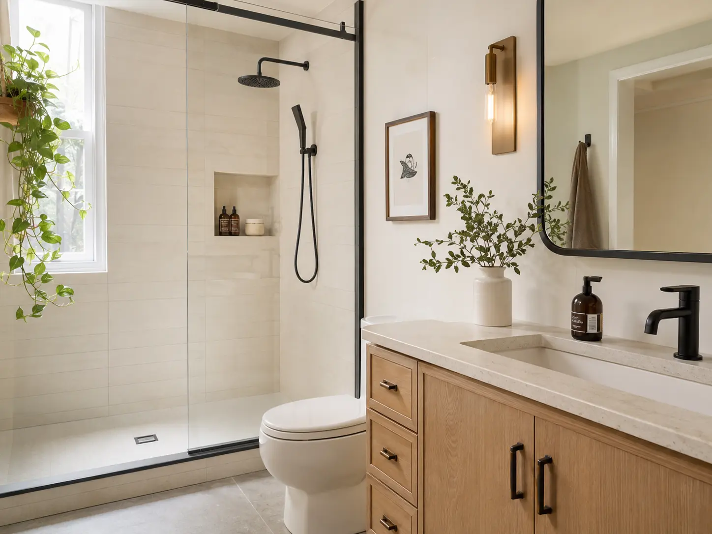 Representative bathroom with a glass shower and light oak vanity